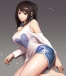  1girl bangs bare_legs bare_shoulders barefoot black_eyes black_hair blue_shorts breasts cleavage dungeon_and_fighter eyelashes gradient gradient_background grey_background heart_print large_breasts light_particles long_hair long_sleeves looking_at_viewer lying monaim on_side parted_lips ponytail shorts shoulder_cutout smile solo 