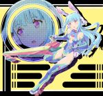  1girl animal_ears armor bangs blue_hair blunt_bangs bodysuit boots breasts elbow_gloves fake_animal_ears fake_tail full_body gloves halftone headgear holding holding_weapon long_hair original parted_lips rabbit_ears small_breasts solo takano_itsuki thigh-highs thigh_boots weapon zoom_layer 