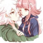  1boy 1girl backpack bag dangan_ronpa flipped_hair head_to_head hood hoodie hug komaeda_nagito nanami_chiaki pink_eyes pink_hair seiya_(se12ze) short_hair super_dangan_ronpa_2 