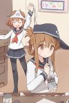  2girls alcohol arm_up black_legwear bottle bra brown_eyes brown_hair closed_eyes clothes_theft coupon_(skyth) drawer elephant_print fang folded_ponytail hair_ornament hairclip hat holding ikazuchi_(kantai_collection) inazuma_(kantai_collection) kantai_collection long_hair multiple_girls object_on_head open_mouth panties panties_on_head pantyhose print_panties school_uniform serafuku shirt short_hair skirt smile theft underwear underwear_theft vodka 