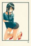  1girl alternate_costume black_hair blue_eyes high_heels highres kantai_collection kneeling long_hair looking_back okerabi_asura ooyodo_(kantai_collection) red_shoes shoes sketch solo 