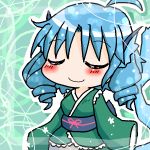  1girl ahoge annyui blue_hair blush breasts chibi closed_eyes drill_hair japanese_clothes kimono medium_breasts mermaid monster_girl obi sash sleeves_past_wrists smile solo touhou wakasagihime 