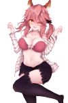  1girl absurdres animal_ears bad_id bad_pixiv_id black_legwear blush bra breasts cleavage collarbone fang fate/extra fate/grand_order fate_(series) fox_ears gbsn highres large_breasts midriff navel one_eye_closed open_clothes open_mouth pink_bra pink_hair simple_background solo tamamo_(fate)_(all) tamamo_no_mae_(fate) underwear white_background yellow_eyes 