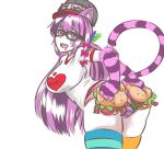  1girl :d alternate_costume animal_ears arched_back bespectacled black-framed_eyewear blue_legwear breasts bwsnowy cat_ears cat_tail cheshire_cat_(monster_girl_encyclopedia) clothes_writing cowboy_shot fangs feathers food glasses hair_feathers hair_ribbon hamburger hat heart large_breasts leaning_forward long_hair meme mismatched_legwear monster_girl monster_girl_encyclopedia multicolored_hair no_pants open_mouth panties paws purple_hair purple_panties ribbon shirt simple_background smile solo streaked_hair striped striped_legwear striped_panties striped_tail t-shirt tail teeth thigh-highs tress_ribbon two-tone_hair underwear very_long_hair violet_eyes white_background yellow_legwear 