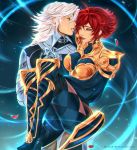  1boy 1girl alternate_costume armor black_gloves carrying eye_contact fire_emblem fire_emblem_if gloves hinoka_(fire_emblem_if) looking_at_another male_my_unit_(fire_emblem_if) my_unit_(fire_emblem_if) parted_lips petals princess_carry red_eyes redhead silver_hair taiss14 watermark web_address white_hair 