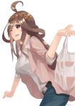  1girl ;d ahoge alternate_costume bag belt breasts brown_hair casual denim headgear highres jeans kantai_collection kongou_(kantai_collection) long_hair looking_at_viewer one_eye_closed open_mouth pants plastic_bag remodel_(kantai_collection) simple_background smile solo ukimesato violet_eyes white_background 