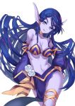  1girl :q arabian_clothes bangs blue_hair blue_skin braid breasts bustier detached_sleeves duzie_e flower grey_eyes hair_tubes hand_on_hip highres large_breasts long_hair looking_at_viewer navel pelvic_curtain pointy_ears rose solo tongue tongue_out very_long_hair white_rose 