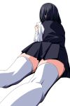  1girl black_hair from_behind highres long_sleeves matsunaga_kouyou original pleated_skirt reading school_uniform short_hair simple_background skirt solo thigh-highs white_background white_legwear zettai_ryouiki 