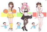  3girls :d =_= alternate_costume animal_ears apron arm_behind_back arm_up artist_name bangs black_dress black_hair black_legwear black_shoes blue_eyes blue_shirt blush blush_stickers braid breasts brown_eyes brown_hair cat_ears cat_tail center_frills character_request cheerleader chestnut_mouth clenched_hand clothes_writing collarbone collared_shirt crop_top dress enmaided eyebrows eyebrows_visible_through_hair frilled_apron frills full_body hair_bobbles hair_ornament hair_ribbon hand_on_own_chest hashimoto_nyaa hat heart heart_in_mouth high_heels holding juushimatsu&#039;s_girlfriend kneehighs long_hair long_sleeves looking_at_viewer low_twintails maid medium_breasts mery_(apfl0515) multiple_girls navel number nurse nurse_cap open_mouth osomatsu-kun osomatsu-san outstretched_arms pantyhose paw_pose pink_hair pleated_skirt pom_pom_(clothes) puffy_short_sleeves puffy_sleeves ribbon sandals shirt shoes short_sleeves skirt sleeveless sleeveless_shirt smile sneakers swept_bangs tail twintails white_background white_dress white_shirt white_shoes wing_collar yellow_legwear yellow_ribbon yellow_skirt yowai_totoko 