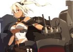  1girl bandages belt black_gloves blonde_hair breasts budget_sarashi cannon capelet dark_skin fingerless_gloves front-tie_top glasses gloves hair_between_eyes headgear kantai_collection kikumon kinta_(distortion) large_breasts light_smile machinery musashi_(kantai_collection) navel pointy_hair red_eyes remodel_(kantai_collection) sarashi semi-rimless_glasses short_hair short_hair_with_long_locks simple_background smile smokestack solo turret twintails two_side_up under-rim_glasses under_boob white_background wind 