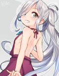  1girl adapted_costume asashimo_(kantai_collection) bare_back bare_shoulders blush dress from_behind grin hair_over_one_eye kantai_collection long_hair looking_at_viewer looking_back no_shirt open_mouth silver_hair simple_background sleeveless sleeveless_dress smile solo tamanoi_peromekuri yellow_eyes 