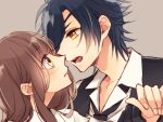  1boy 1girl black_hair brown_hair female_saniwa_(touken_ranbu) necktie open_mouth rio_(rio_01) saniwa_(touken_ranbu) shokudaikiri_mitsutada touken_ranbu upper_body yellow_eyes 