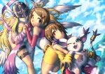  3girls angewomon back-to-back brown_hair digimon digimon_adventure digimon_adventure_02 dual_persona hair_ornament hairclip holding_hands kuroshio_(zung-man) looking_at_viewer mask multiple_girls tailmon yagami_hikari 