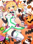  1girl :d ango bare_shoulders blonde_hair breasts cleavage cookie food gloves green_eyes hacka_doll hacka_doll_1 highres jack-o&#039;-lantern looking_at_viewer marshmallow_mille open_mouth smile solo sprinkles teeth thigh-highs twintails white_gloves 