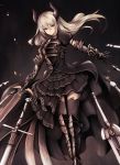  &gt;:( 1girl armor armored_dress arms_at_sides black_legwear boots closed_mouth doraf floating_hair floating_object forte_(shingeki_no_bahamut) gauntlets gradient gradient_background granblue_fantasy greaves grey_eyes highres holding holding_sword holding_weapon horns inaba_sunimi knee_boots long_hair looking_at_viewer overskirt puffy_short_sleeves puffy_sleeves shingeki_no_bahamut short_sleeves silver_hair solo sword thigh-highs weapon 