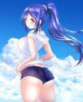  1girl ass blue blue_hair blush breasts clouds cloudy_sky cowboy_shot day gorua_(youce01) high_ponytail hood hoodie long_hair looking_back love_live! love_live!_sunshine!! matsuura_kanan md5_mismatch outdoors ponytail short_shorts short_sleeves shorts sky solo violet_eyes 