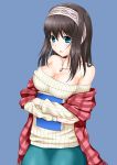  1girl artist_request bare_shoulders black_hair blue_eyes book breasts cleavage crossed_arms esuti headband highres idolmaster idolmaster_cinderella_girls jewelry necklace off-shoulder_sweater sagisawa_fumika shawl simple_background solo sweater 