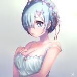  1girl bare_shoulders blue_eyes blue_hair bow breasts camisole cleavage collarbone gradient gradient_background hair_ornament hair_over_one_eye hand_on_own_chest highres lips looking_at_viewer medium_breasts parted_lips pdxen re:zero_kara_hajimeru_isekai_seikatsu rem_(re:zero) short_hair signature solo strap_slip upper_body x_hair_ornament 