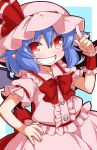  1girl arm_garter bat_wings blue_background blue_hair bow bowtie eichi_yuu frilled_shirt frills grin hand_on_hip hat hat_ribbon index_finger_raised looking_at_viewer mob_cap no_nose pink_hat pink_shirt pink_skirt puffy_short_sleeves puffy_sleeves red_bow red_bowtie red_eyes red_ribbon remilia_scarlet ribbon shirt short_hair short_sleeves skirt smile solo touhou upper_body wings wrist_cuffs 