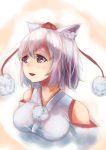  1girl animal_ears bare_shoulders breasts cleavage collarbone detached_sleeves hat highres inubashiri_momiji looking_away open_mouth pom_pom_(clothes) red_eyes short_hair silver_hair solo tokin_hat touhou wolf_ears 