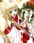  1girl animal_ears bell blonde_hair blue_eyes blush fox_ears hair_ornament highres japanese_clothes jingle_bell long_hair morozou open_mouth red_hakama wide_sleeves 