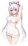  1girl ahoge armpits arms_up blush breasts cowboy_shot eyebrows eyebrows_visible_through_hair hair_between_eyes large_breasts long_hair looking_at_viewer matoi_(pso2) muryou phantasy_star phantasy_star_online_2 red_eyes sideboob silver_hair simple_background sleeveless smile solo sweater turtleneck_sweater twintails white_background 