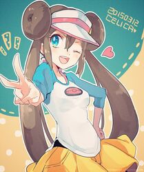  1girl artist_name blue_eyes brown_hair dated double_bun hair_between_eyes heart long_hair mei_(pokemon) nago_celica one_eye_closed pokemon pokemon_(game) pokemon_bw2 raglan_sleeves shorts twintails very_long_hair visor_cap yellow_shorts 