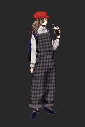  1girl arm_at_side backpack bag baseball_cap blue_shoes brown_hair closed_mouth collared_shirt dress_shirt drink drinking_straw fashion full_body grey_shirt hat holding long_hair long_sleeves looking_away nanakawa_(nanasoon) original overalls pants plaid pocket profile red_hat shade shirt shoes simple_background solo standing watch watch 