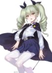  1girl :o anchovy artist_name belt black_cape black_necktie black_ribbon blue_skirt brown_eyes collared_shirt drill_hair girls_und_panzer green_hair hair_between_eyes hair_ribbon holding leg_up long_hair looking_at_viewer meto31 necktie open_mouth pantyhose ribbon riding_crop shirt simple_background skirt solo standing standing_on_one_leg tsurime twin_drills twintails white_background white_legwear white_shirt wing_collar 