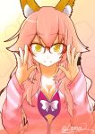  1girl absurdres animal_ears bra breasts cleavage collarbone fate/extra fate/extra_ccc fate_(series) fox_ears glasses highres ichinose_(1_nose_2) large_breasts looking_at_viewer open_clothes open_shirt pink_bra pink_hair shirt signature smile solo tamamo_(fate)_(all) tamamo_no_mae_(fate) twitter_username underwear yellow_eyes 