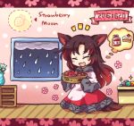  1girl animal_ears brooch brown_hair cake closed_eyes dress food fruit imaizumi_kagerou jam jewelry long_hair lowres open_mouth pote_(ptkan) rain smile solo strawberry tail touhou wide_sleeves wolf_ears wolf_tail 