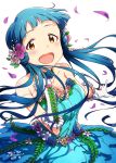  1girl absurdres ayano_yuu_(sonma_1426) bare_shoulders blue_hair brown_eyes flower hair_flower hair_ornament highres idolmaster idolmaster_million_live! kitakami_reika long_hair looking_at_viewer open_mouth petals simple_background smile twintails white_background 