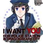  1boy artist_request black_hair blue_eyes english gloves hat i_want_you kerberos_blade lowres parody pointing pointing_at_viewer police police_hat police_uniform short_hair solo uniform 