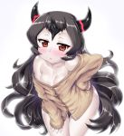  1girl ahoge alternate_costume bare_shoulders black_hair blush breasts collarbone cowboy_shot hairband hand_on_hip hand_on_own_thigh hase_yu headgear horns isolated_island_hime kantai_collection leaning_forward long_hair looking_at_viewer naked_sweater off-shoulder_sweater off_shoulder open_mouth pale_skin red_eyes shinkaisei-kan shiny shiny_hair shiny_skin simple_background small_breasts solo standing sweater white_background 