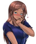  1girl :q ahagon_umiko bangs blue_eyes blue_shirt blush breasts brown_hair collarbone commentary_request dark_skin hair_ornament heart kumakichi_(cost-lost) large_breasts licking_lips long_hair looking_at_viewer naughty_face new_game! nose_blush parted_bangs shirt short_sleeves solo t-shirt tongue tongue_out upper_body white_background x_hair_ornament 