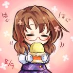  1girl brown_hair closed_eyes eating glasses gloves long_sleeves low_twintails lowres no_hat no_headwear plaid pote_(ptkan) ribbon school_uniform short_hair skirt solo touhou twintails usami_sumireko 