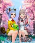  2girls animal_ears apron blue_eyes blue_hair brown_eyes brown_hair cherry_blossoms copyright_name curly_hair dog_ears dress elin_(tera) flower hair_flower hair_ornament highres lips long_hair multiple_girls outdoors petals rabbit_ears short_dress short_hair short_twintails sitting smile tail tera_online tree twintails wading water 