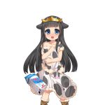  1girl :o black_hair blue_eyes blush breasts child cow_print headdress kusaka_souji long_hair looking_at_viewer milk_carton off_shoulder official_art solo transparent_background uchi_no_hime-sama_ga_ichiban_kawaii younger 