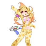  1girl animal_print arms_up bird blonde_hair bra chicken egg food_in_mouth full_body highres kusaka_souji living_tail long_hair long_sleeves mouth_hold official_art open_clothes open_shirt orange_hair pajamas pajamas_pull red_eyes shirt sleeves_past_wrists snake snake_tail solo tail toast toast_in_mouth transparent_background uchi_no_hime-sama_ga_ichiban_kawaii underwear 