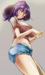  1girl alternate_costume breasts contemporary impossible_clothes impossible_shirt large_breasts looking_at_viewer navel open_mouth purple_hair red_eyes shirt short_hair short_sleeves solo touhou yasaka_kanako yohane 