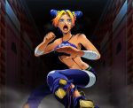  1girl bandaged_arm birthmark blonde_hair blood blood_from_mouth blue_hair braid bruise clenched_hand double_bun fighting_stance foreshortening gradient_hair halter_top halterneck injury joestar_birthmark jojo_no_kimyou_na_bouken kuujou_jolyne multicolored_hair nail_polish navel open_mouth orange_hair prison purple_nails solo sweat tazbun torn_clothes 