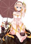  1girl bare_shoulders barefoot black_gloves blonde_hair blue_eyes choker collarbone commentary_request edna_(tales) feet gatari gloves hair_flip hair_twirling hairband highres light_smile medium_hair pov_feet side_ponytail single_glove sitting soles solo tales_of_(series) tales_of_zestiria toes umbrella 