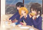  3girls :d ^_^ absurdres bangs black_hair blazer blonde_hair blue_jacket brown_eyes cellphone chestnut_mouth city closed_eyes coffee coffee_cup counter cup dessert eating food hair_between_eyes hair_ornament hairclip happy haru_to_neru_(act_partner) highres holding holding_food indoors jacket long_hair long_sleeves looking_at_another multiple_girls necktie notebook open_mouth original pancake parted_bangs phone plate pudding red_necktie sandwich saucer short_hair short_twintails side-by-side sidelocks smartphone smile spoon twintails wallet window wing_collar 