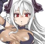  1girl :o asanagi bangs borrowed_character breasts colo_mag-chan colossus_(granblue_fantasy) commentary_request doraf eyebrows eyebrows_visible_through_hair granblue_fantasy hair_between_eyes horns large_breasts leotard long_hair looking_at_viewer lowres open_mouth original pointy_ears red_eyes simple_background solo upper_body white_background white_hair work_in_progress 