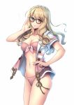  1girl adjusting_glasses aruma_jiki bandeau bangs bikini black-framed_eyewear blonde_hair blush breasts buttons character_request closed_mouth collarbone cowboy_shot eyebrows eyebrows_visible_through_hair final_fantasy final_fantasy_xiv glasses hand_on_hip jacket long_hair looking_at_viewer medium_breasts mole mole_under_eye navel open_clothes open_jacket orange_eyes pink_bikini short_sleeves simple_background smile solo stomach swimsuit wavy_hair white_background 