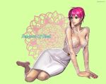  1girl bangs barefoot belt belt_buckle breasts buckle character_name cleavage closed_mouth collarbone cyphers earrings eyelashes fingernails green_eyes jewelry large_breasts manjji nail_polish on_floor pink_hair pink_lips pink_nails rebecca_rushton short_hair sitting skirt solo white_skirt yokozuwari 