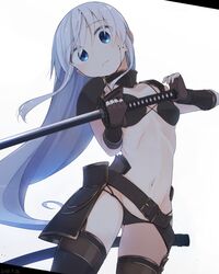  1girl 2016 belt black_panties blue_eyes commentary_request dated eyebrows eyebrows_visible_through_hair fingerless_gloves from_below gloves highres holding holding_sword holding_weapon katana long_hair looking_at_viewer looking_down navel original panties revision solo stomach sword underwear weapon white_hair yopan_danshaku yugake 