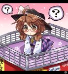  1girl basket bow brown_eyes brown_hair chibi glasses hat hat_bow low_twintails open_mouth plaid pote_(ptkan) ribbon school_uniform shirt short_hair skirt solo touhou twintails usami_sumireko 