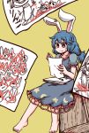  1girl animal_ears blood blue_dress blue_hair child_drawing crayon dress ear_clip empty_eyes jiru_(jirufun) kine long_hair mallet rabbit_ears red_eyes seiran_(touhou) smile solo touhou 