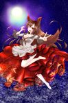  1girl animal_ears breasts brooch brown_hair cleavage collarbone dress fang fingernails full_body full_moon highres imaizumi_kagerou jewelry long_fingernails long_sleeves moon nail_polish one_eye_closed open_mouth red_eyes red_nails solo tail touhou v whi_pe wide_sleeves wolf_ears wolf_tail 
